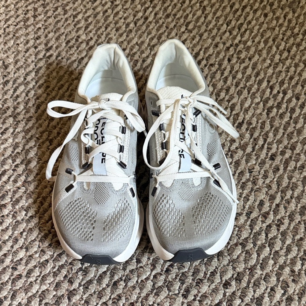 On Running Gray and White Sneakers